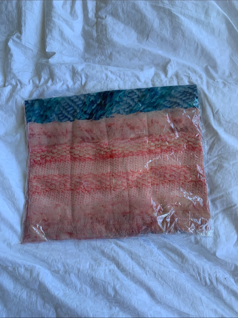 Soft Pink Ombre Silk Scarf with Teal Accented Edge